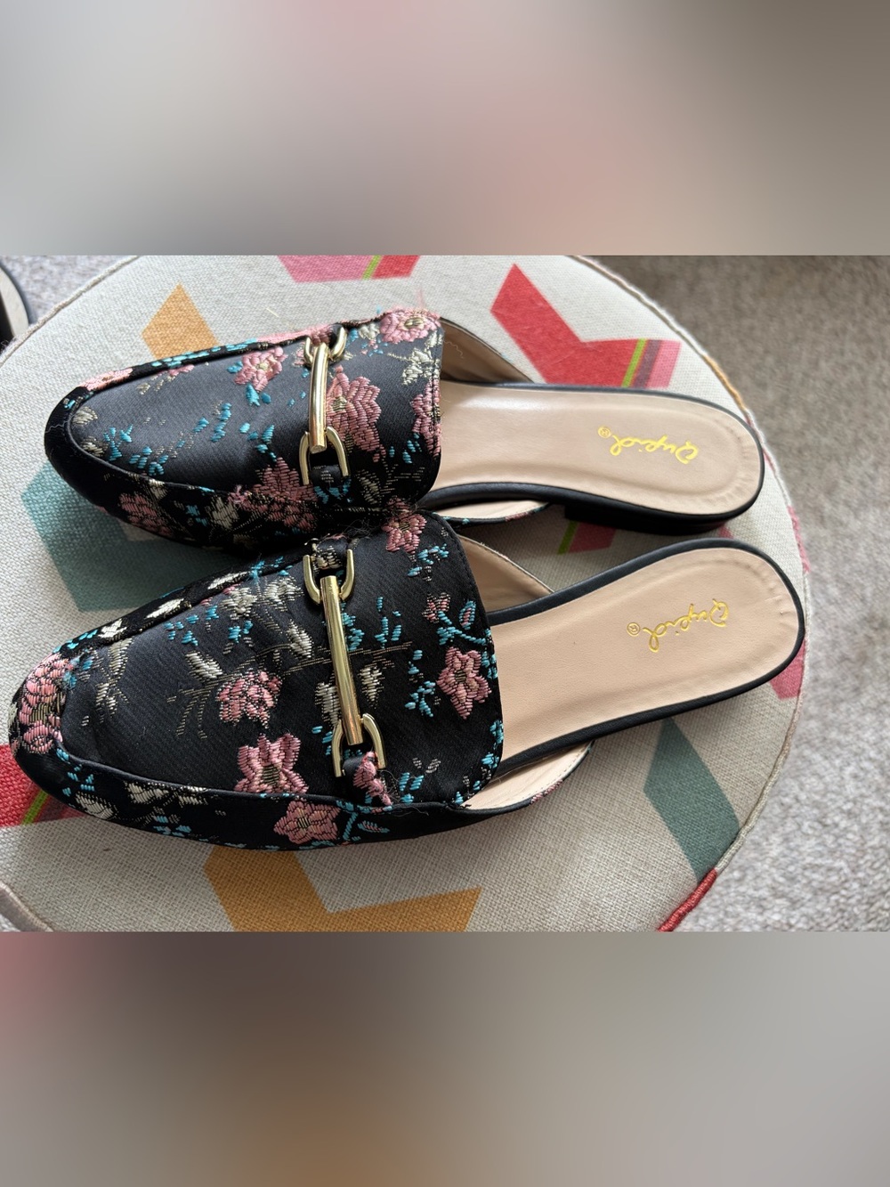 Qupid Embroidered Floral Silk Mules with Gold Bit Accent
